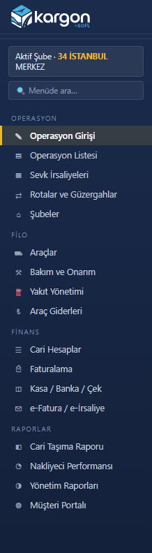 Kargon modül listesi - operasyon, filo, finans ve raporlama modülleri