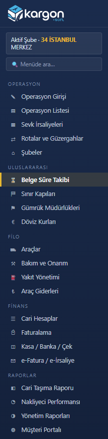 Kargon uluslararası modül listesi - belge süre takibi, sınır kapıları, gümrük müdürlükleri, döviz kurları